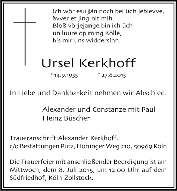Anzeige von Ursel Kerkhoff von Kölner Stadt-Anzeiger / Kölnische Rundschau / Express