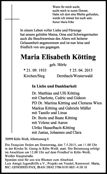 Anzeige von Maria Elisabeth Kötting von Kölner Stadt-Anzeiger / Kölnische Rundschau / Express
