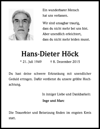 Anzeige von Hans-Dieter Höck von Kölner Stadt-Anzeiger / Kölnische Rundschau / Express