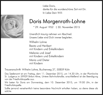 Anzeige von Doris Morgenroth-Lohne von Kölner Stadt-Anzeiger / Kölnische Rundschau / Express