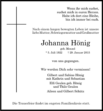 Anzeige von Johanna Hönig von Kölner Stadt-Anzeiger / Kölnische Rundschau / Express