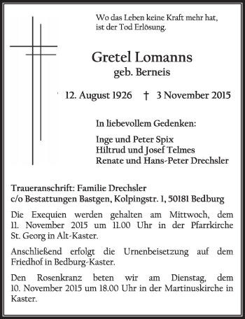 Anzeige von Gretel Lomanns von  Sonntags-Post 