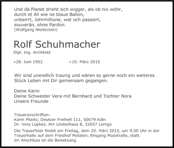 Anzeige von Rolf Schuhmacher von Kölner Stadt-Anzeiger / Kölnische Rundschau / Express