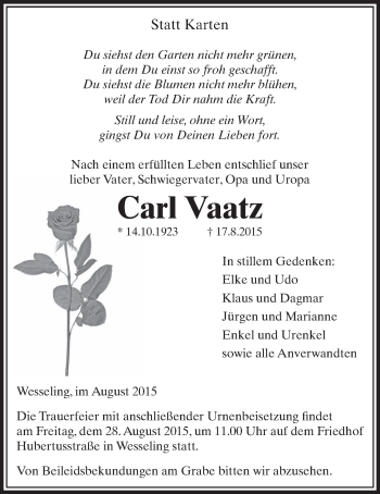 Anzeige von Carl Vaatz von  Schlossbote/Werbekurier 
