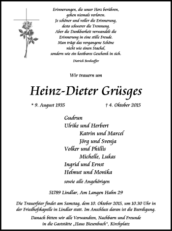 Anzeige von Heinz-Dieter Grüsges von Kölner Stadt-Anzeiger / Kölnische Rundschau / Express