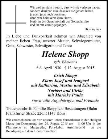 Anzeige von Helene Skopp von Kölner Stadt-Anzeiger / Kölnische Rundschau / Express
