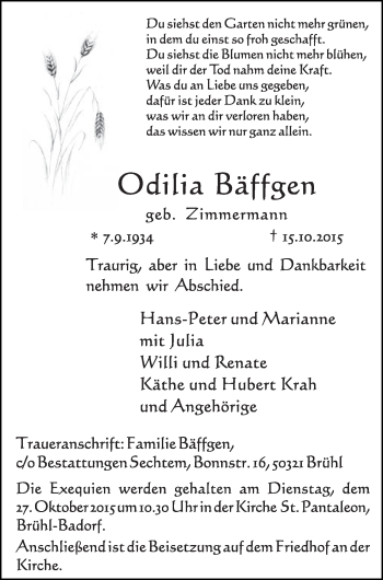 Anzeige von Odilia Bäffgen von  Schlossbote/Werbekurier 