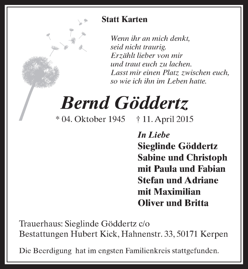  Traueranzeige für Bernd Göddertz vom 22.04.2015 aus  Werbepost 