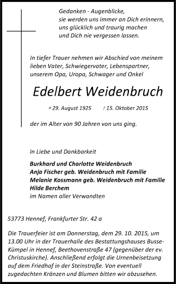 Anzeige von Edelbert Weidenbruch von Kölner Stadt-Anzeiger / Kölnische Rundschau / Express