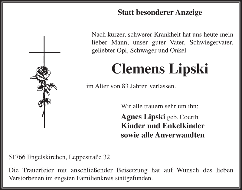  Traueranzeige für Clemens Lipski vom 28.10.2015 aus  Anzeigen Echo 