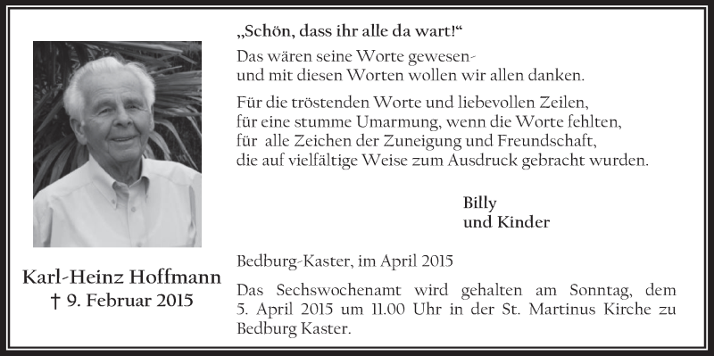  Traueranzeige für Karl-Heinz Hoffmann vom 01.04.2015 aus  Werbepost 
