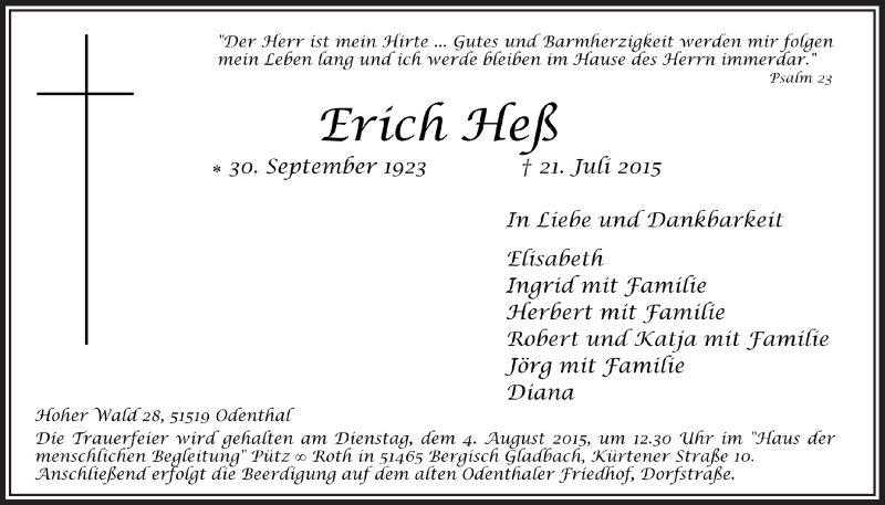  Traueranzeige für Erich Heß vom 29.07.2015 aus  Bergisches Handelsblatt 