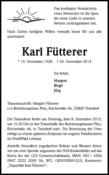 Anzeige von Karl Fütterer von Kölner Stadt-Anzeiger / Kölnische Rundschau / Express
