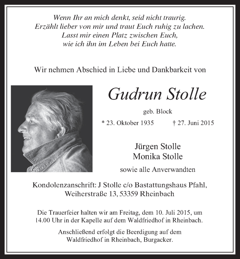  Traueranzeige für Gudrun Stolle vom 08.07.2015 aus  Schaufenster/Blickpunkt 