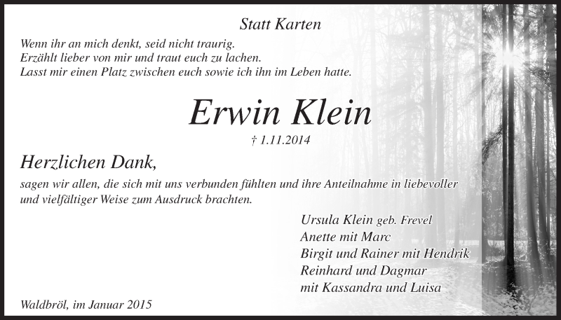  Traueranzeige für Erwin Klein vom 28.01.2015 aus  Lokalanzeiger 
