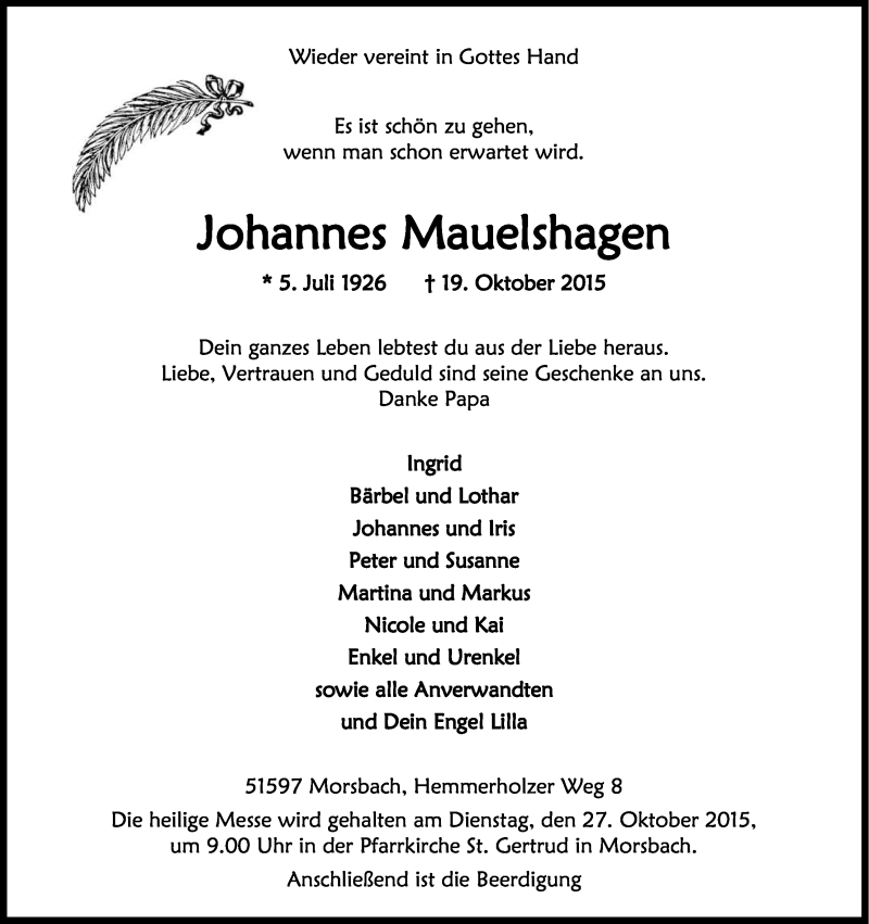  Traueranzeige für Johannes Mauelshagen vom 24.10.2015 aus Kölner Stadt-Anzeiger / Kölnische Rundschau / Express