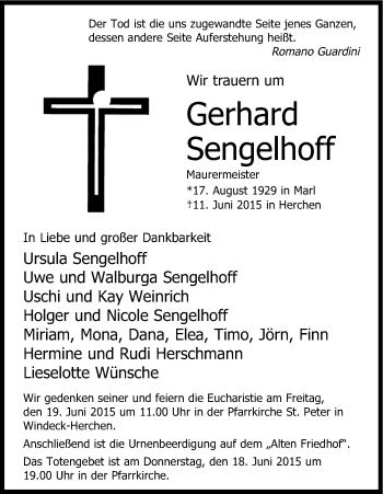 Anzeige von Gerhard Sengelhoff von Kölner Stadt-Anzeiger / Kölnische Rundschau / Express