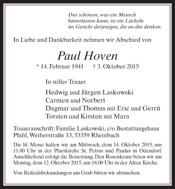 Anzeige von Paul Hoven von  Schaufenster/Blickpunkt 