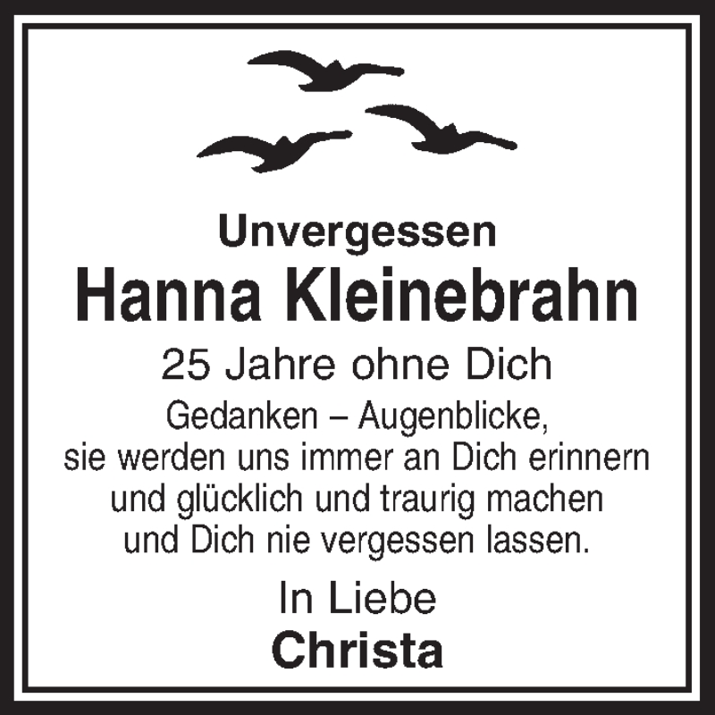  Traueranzeige für Hanna Kleinebrahn vom 21.01.2015 aus  Bergisches Handelsblatt 