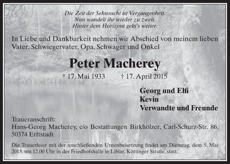  Traueranzeige für Peter Macherey vom 29.04.2015 aus  Werbepost 