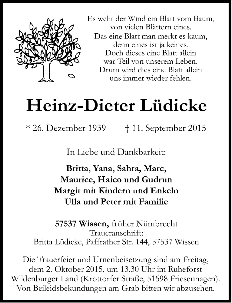  Traueranzeige für Heinz-Dieter Lüdicke vom 23.09.2015 aus  Lokalanzeiger 
