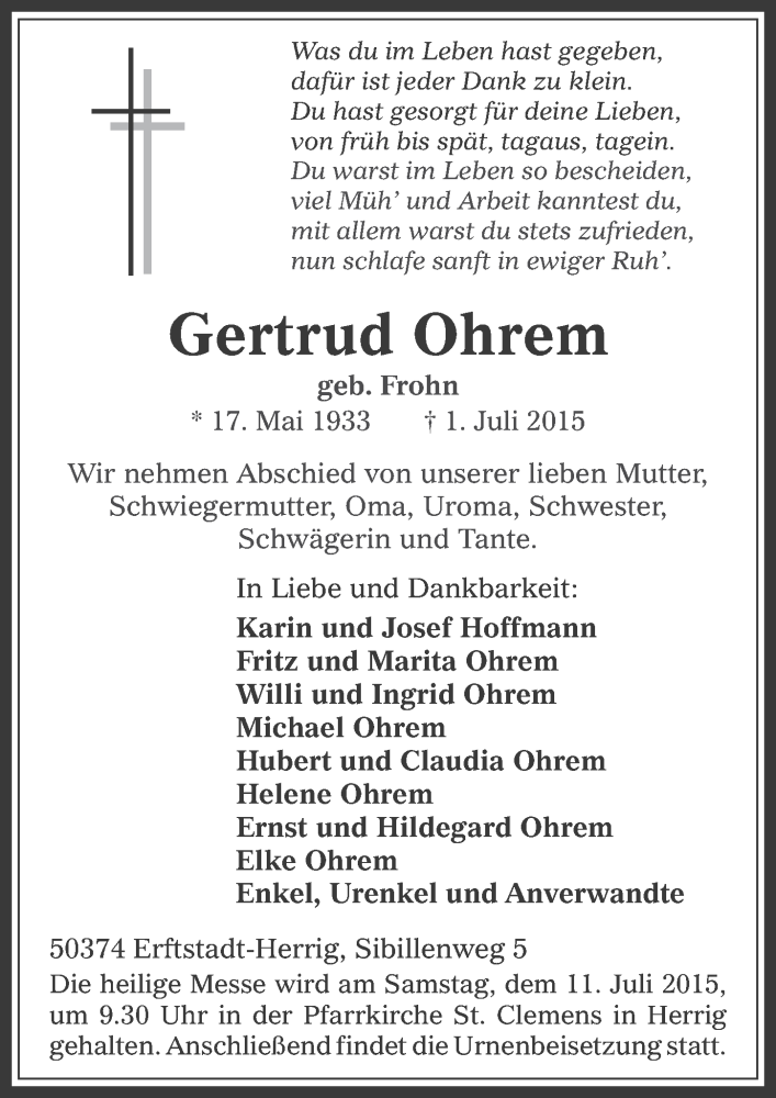  Traueranzeige für Gertrud Ohrem vom 08.07.2015 aus  Werbepost 