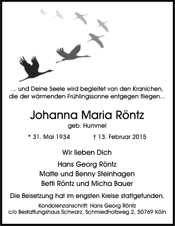 Anzeige von Johanna Maria Röntz von Kölner Stadt-Anzeiger / Kölnische Rundschau / Express