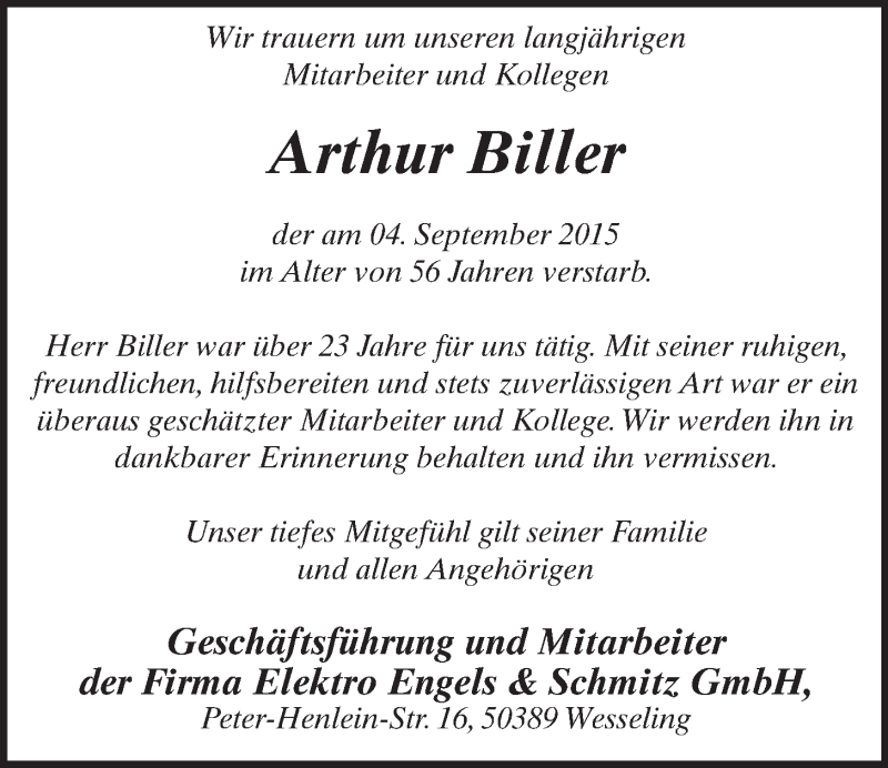  Traueranzeige für Arthur Biller vom 09.09.2015 aus  Schlossbote/Werbekurier 