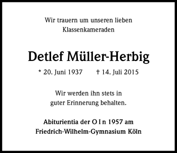 Anzeige von Detlef Müller-Herbig von Kölner Stadt-Anzeiger / Kölnische Rundschau / Express