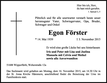 Anzeige von Egon Förster von Kölner Stadt-Anzeiger / Kölnische Rundschau / Express