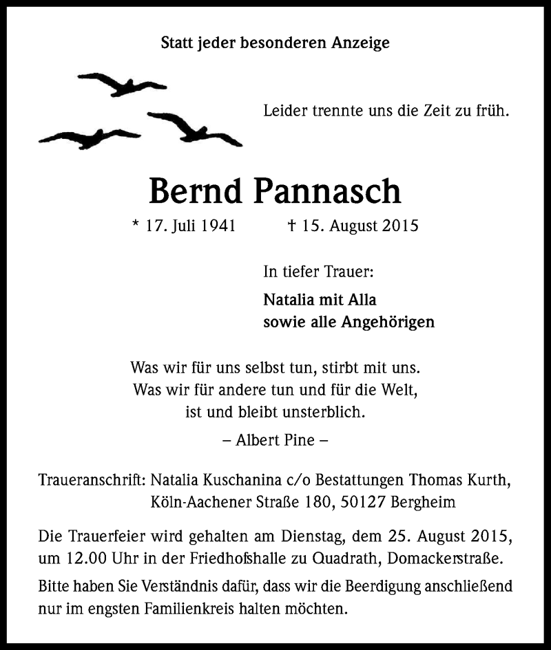  Traueranzeige für Bernd Pannasch vom 21.08.2015 aus Kölner Stadt-Anzeiger / Kölnische Rundschau / Express