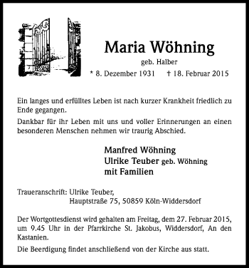 Anzeige von Maria Wöhning von Kölner Stadt-Anzeiger / Kölnische Rundschau / Express
