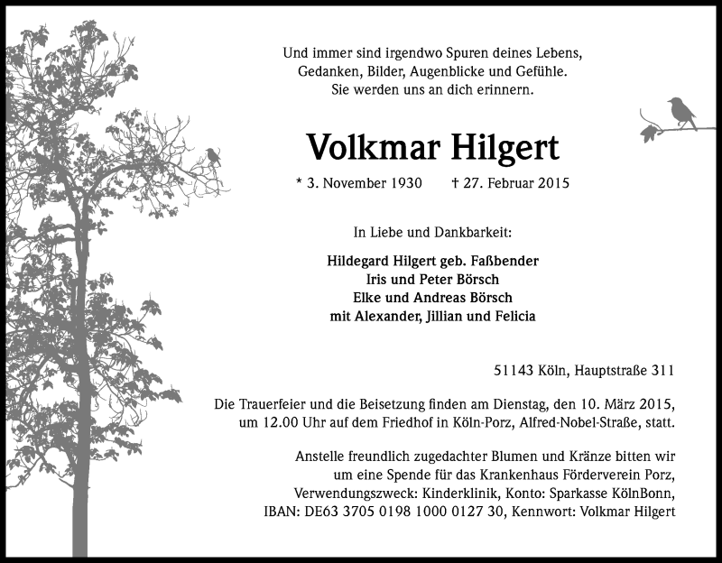  Traueranzeige für Volkmar Hilgert vom 04.03.2015 aus Kölner Stadt-Anzeiger / Kölnische Rundschau / Express