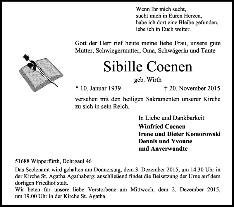  Traueranzeige für Sibille Coenen vom 26.11.2015 aus Kölner Stadt-Anzeiger / Kölnische Rundschau / Express
