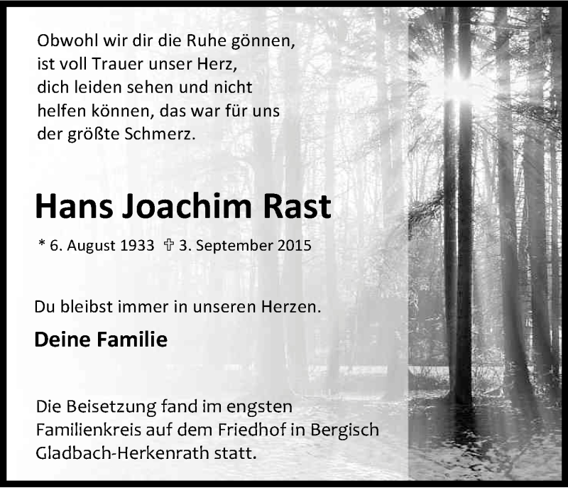  Traueranzeige für Hans Joachim Rast vom 12.09.2015 aus Kölner Stadt-Anzeiger / Kölnische Rundschau / Express