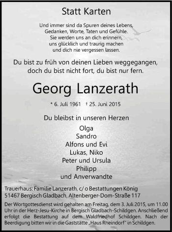 Anzeige von Georg Lanzerath von Kölner Stadt-Anzeiger / Kölnische Rundschau / Express