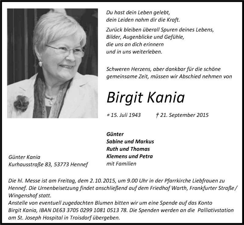  Traueranzeige für Birgit Kania vom 25.09.2015 aus Kölner Stadt-Anzeiger / Kölnische Rundschau / Express
