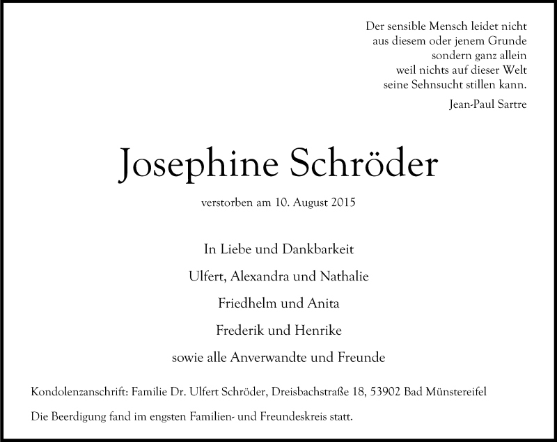  Traueranzeige für Josephine Schröder vom 22.08.2015 aus Kölner Stadt-Anzeiger / Kölnische Rundschau / Express