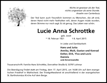 Anzeige von Lucie Anna Schrottke von Kölner Stadt-Anzeiger / Kölnische Rundschau / Express
