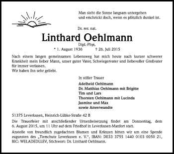 Anzeige von Linthard Oehlmann von Kölner Stadt-Anzeiger / Kölnische Rundschau / Express