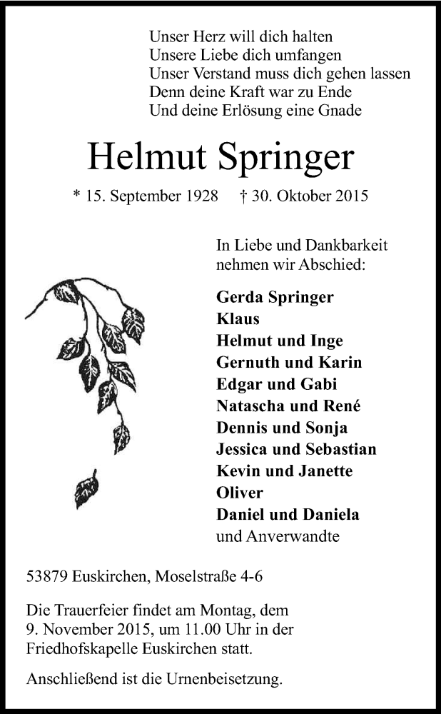  Traueranzeige für Helmut Springer vom 04.11.2015 aus Kölner Stadt-Anzeiger / Kölnische Rundschau / Express