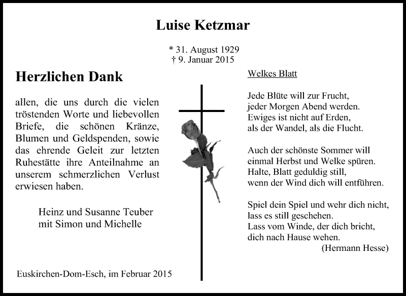  Traueranzeige für Luise Ketzmar vom 22.02.2015 aus  Blickpunkt Euskirchen 