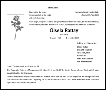 Anzeige von Gisela Rattay von Kölner Stadt-Anzeiger / Kölnische Rundschau / Express
