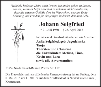 Anzeige von Johann Seigfried von  Extra Blatt 