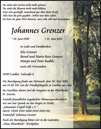 Anzeige von Johannes Grenzer von Kölner Stadt-Anzeiger / Kölnische Rundschau / Express