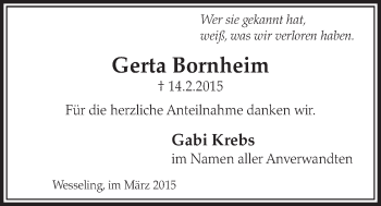Anzeige von Gerta Bornheim von  Schlossbote/Werbekurier 