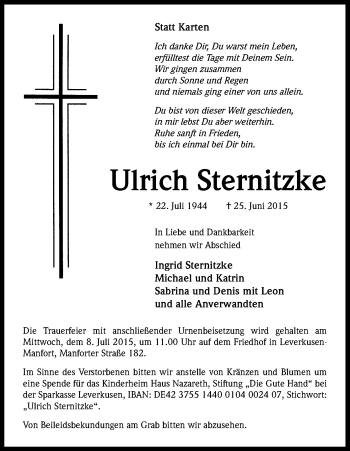Anzeige von Ulrich Sternitzke von Kölner Stadt-Anzeiger / Kölnische Rundschau / Express