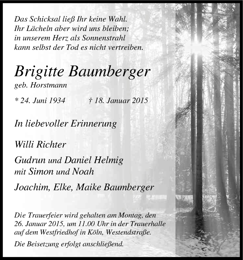  Traueranzeige für Brigitte Baumberger vom 21.01.2015 aus Kölner Stadt-Anzeiger / Kölnische Rundschau / Express