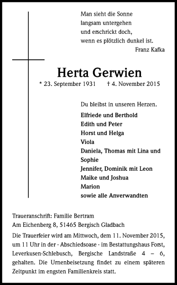 Anzeige von Herta Gerwien von Kölner Stadt-Anzeiger / Kölnische Rundschau / Express