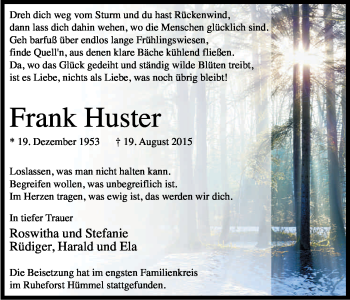 Anzeige von Frank Huster von Kölner Stadt-Anzeiger / Kölnische Rundschau / Express